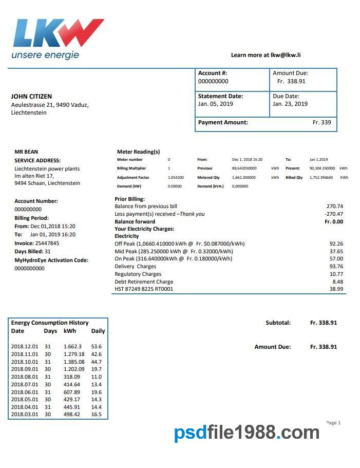 Liechtenstein Ische Kraftwerke LKW Electricity Utility Bill